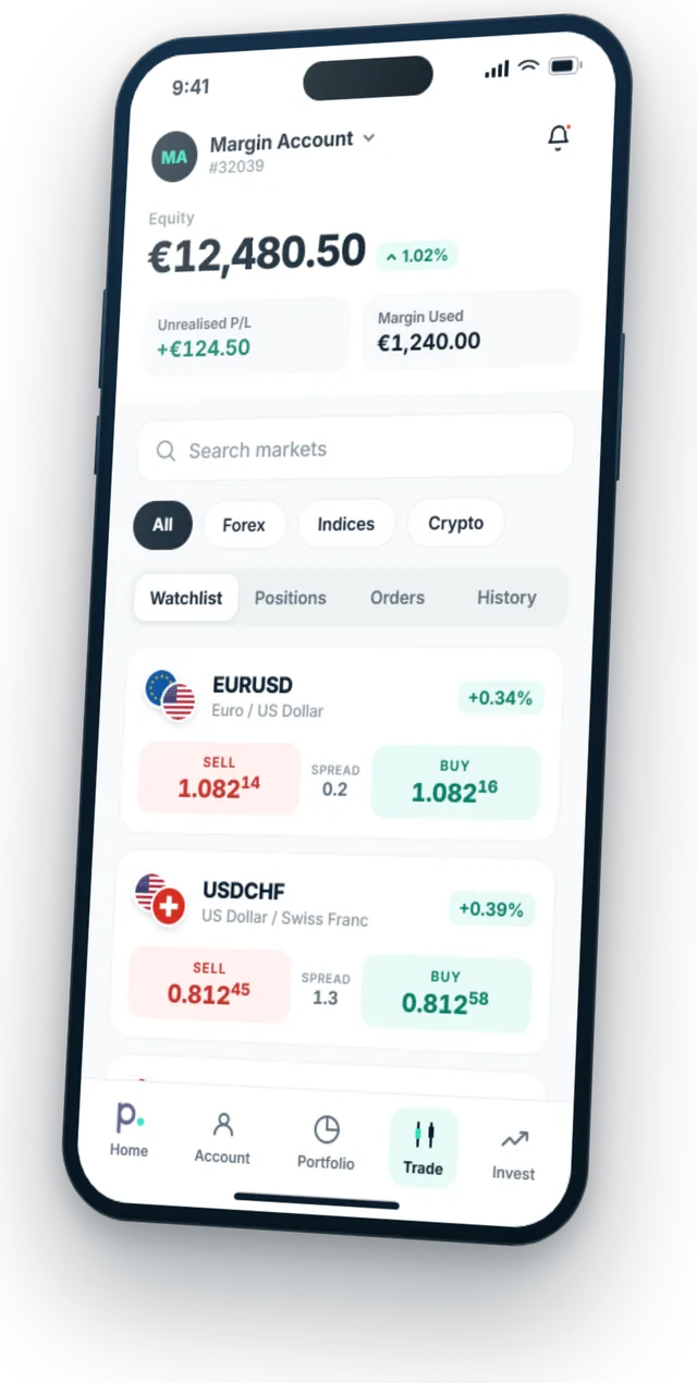 The PureWallet app markets list, showing instruments with their prices and daily change